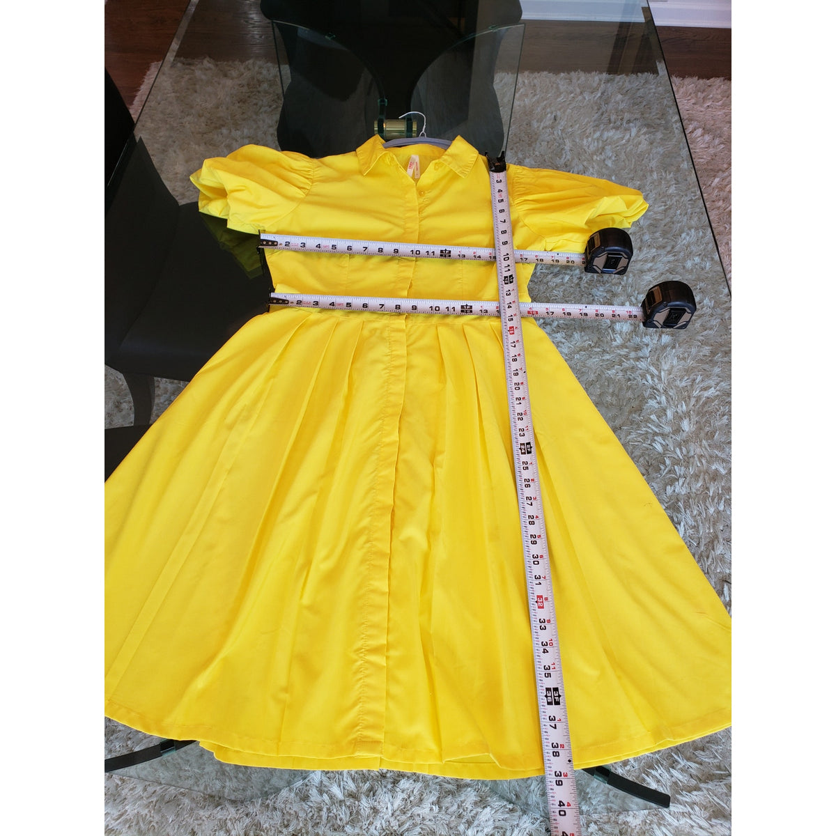 True Destiny A Line Shirt Dress Women's Large Yellow Puff Sleeve Button Down