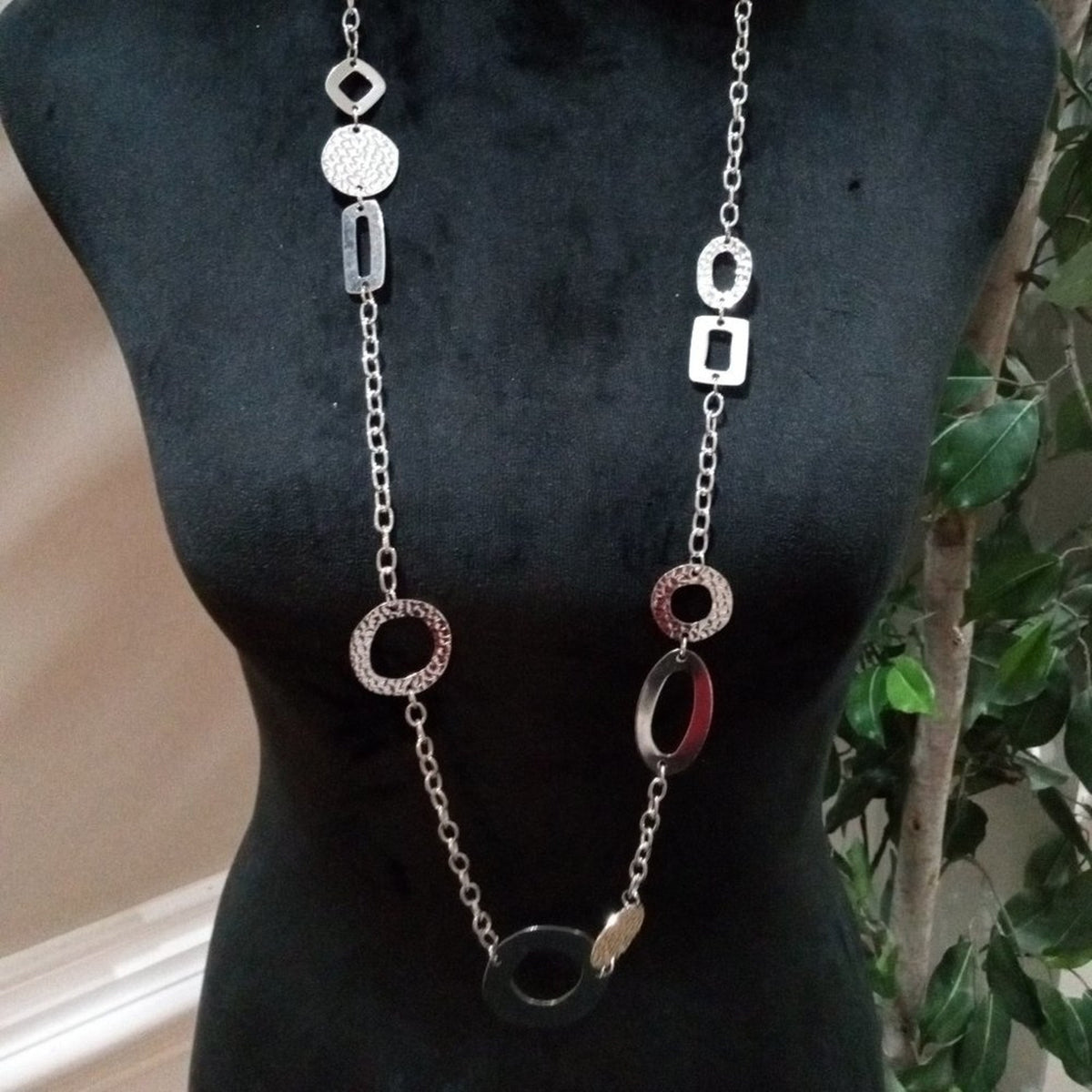 Womens Fashion Long Silver Circles Charm Layering Necklace with Lobster Clasp