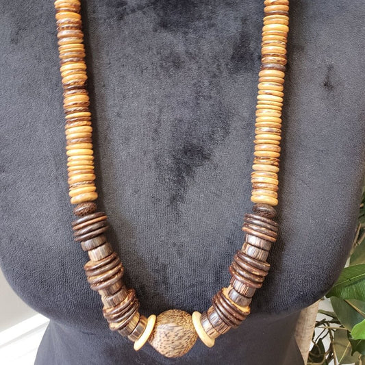 Womens Vintage Chunky Wood Disks Black Beads Necklace Jewelry with Hook & Eye