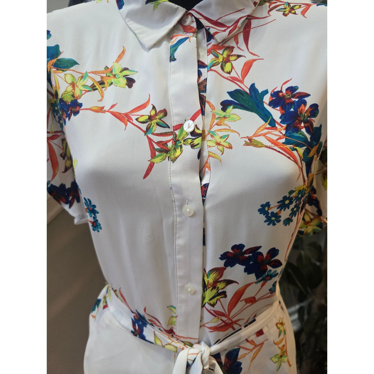 Worthington Shirt Dress Womens 6 White Floral Button Up Waist Tie Flutter Sleeve