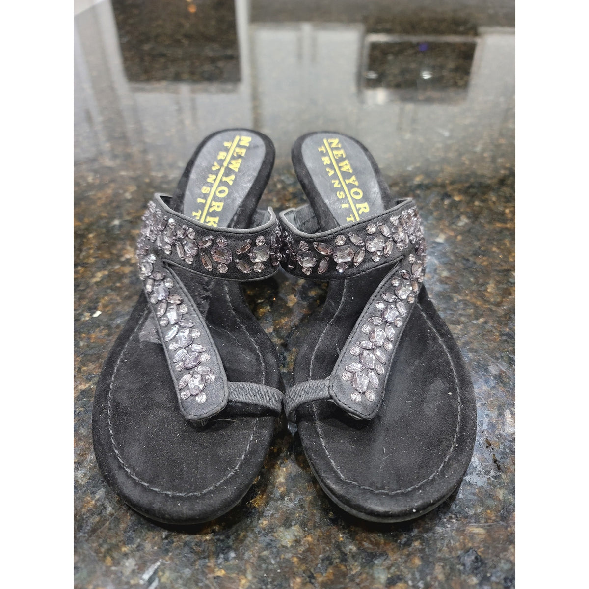 New York Transit Bling Wedge Sandals Womens Size 8M Black Crystal Stone Slip On