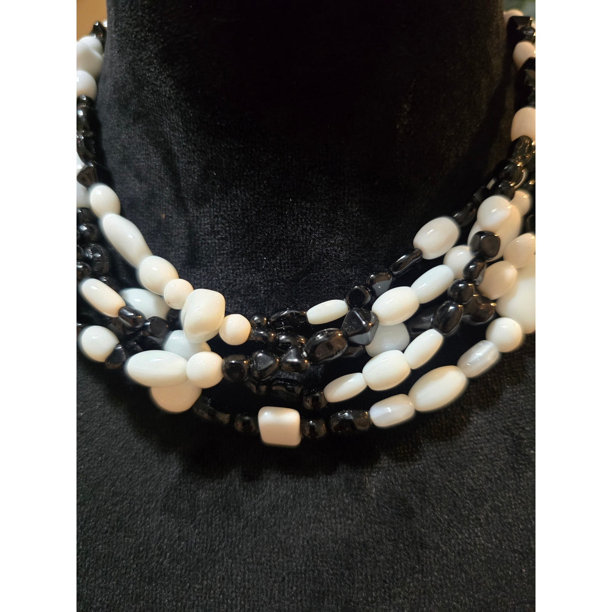 Women's Black White Beaded Multi Strand Necklace Chunky Statement Toggle Clasp