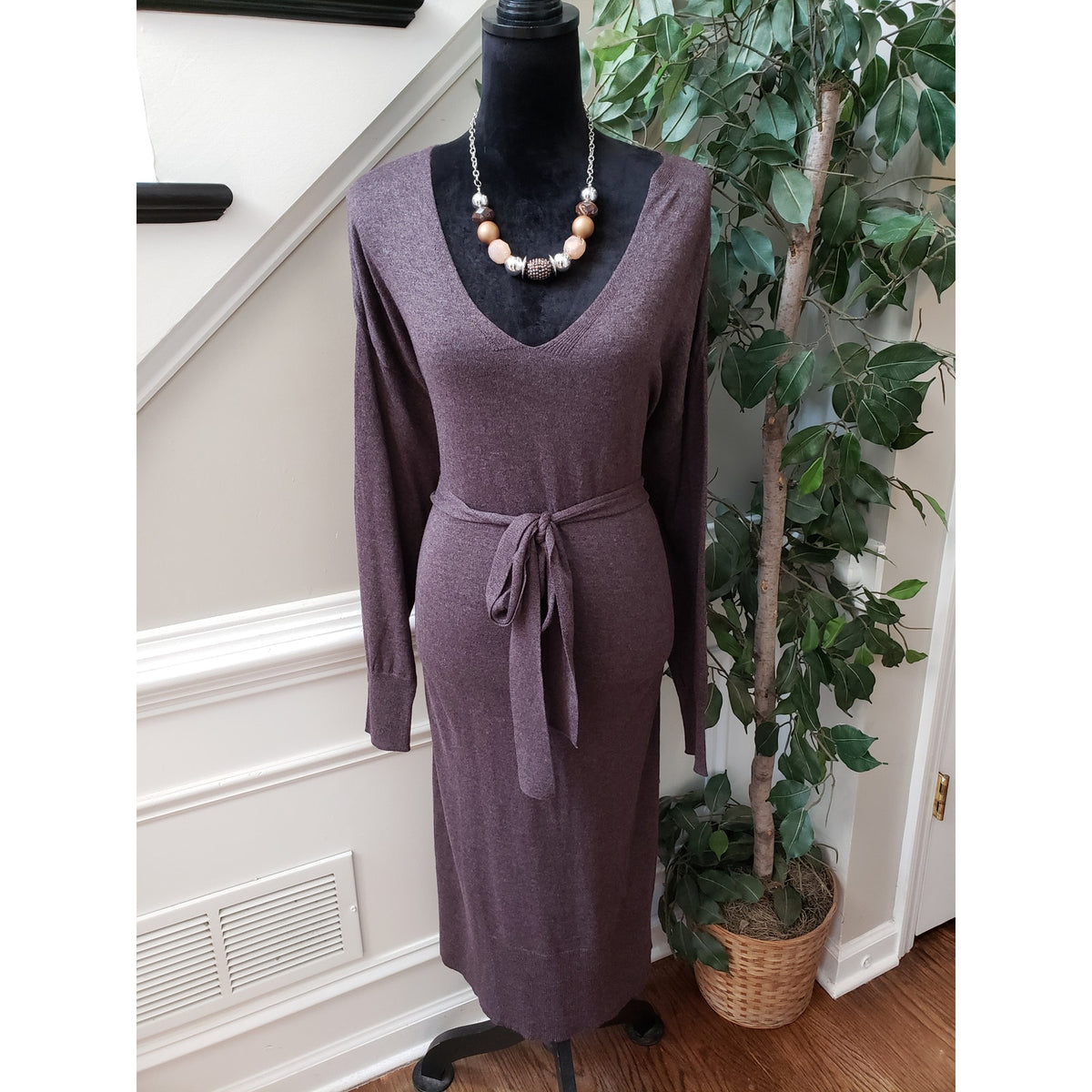 Terra & Sky Maxi Dress Womens 2X Brown Deep Neck Tie Waist Raglan Sleeve & Hem