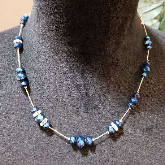 Womens Silver Tone & Blue Beaded Linked Necklace Jewelry with Lobster Clasp