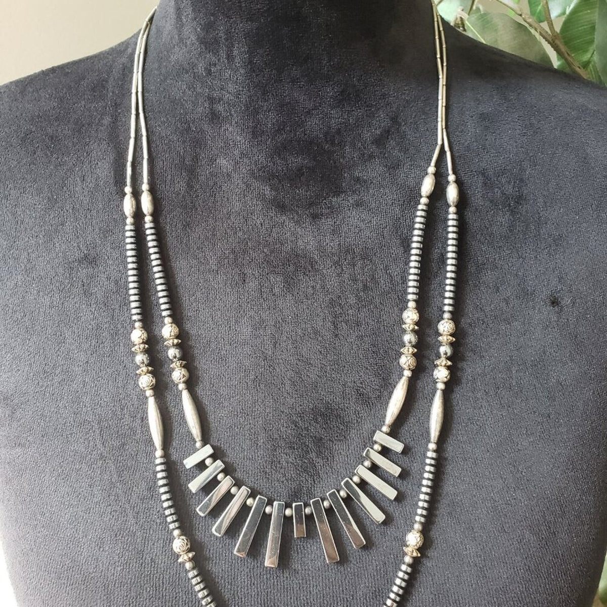 Womens 2 Strand Silver Oxidized Fan Sticks Beaded Necklace with Lobster Clasp
