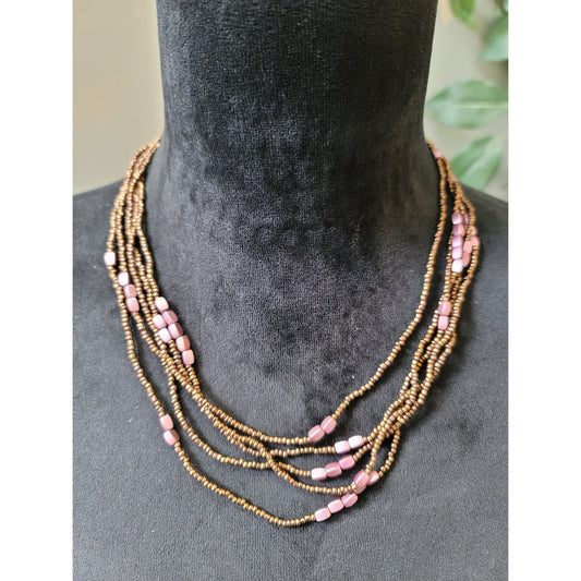 Womens Multistrand Beaded Necklace Pink Bronze Seed Beads With Lobster Clasp