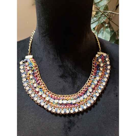 Womens Gold Metal Neon Corded Clear Rhinestone Summer Chain Mantle Necklace