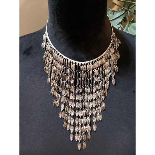 Womens Copper Tone Encrusted Linked Metal Patels Fringe Bib Statement Necklace