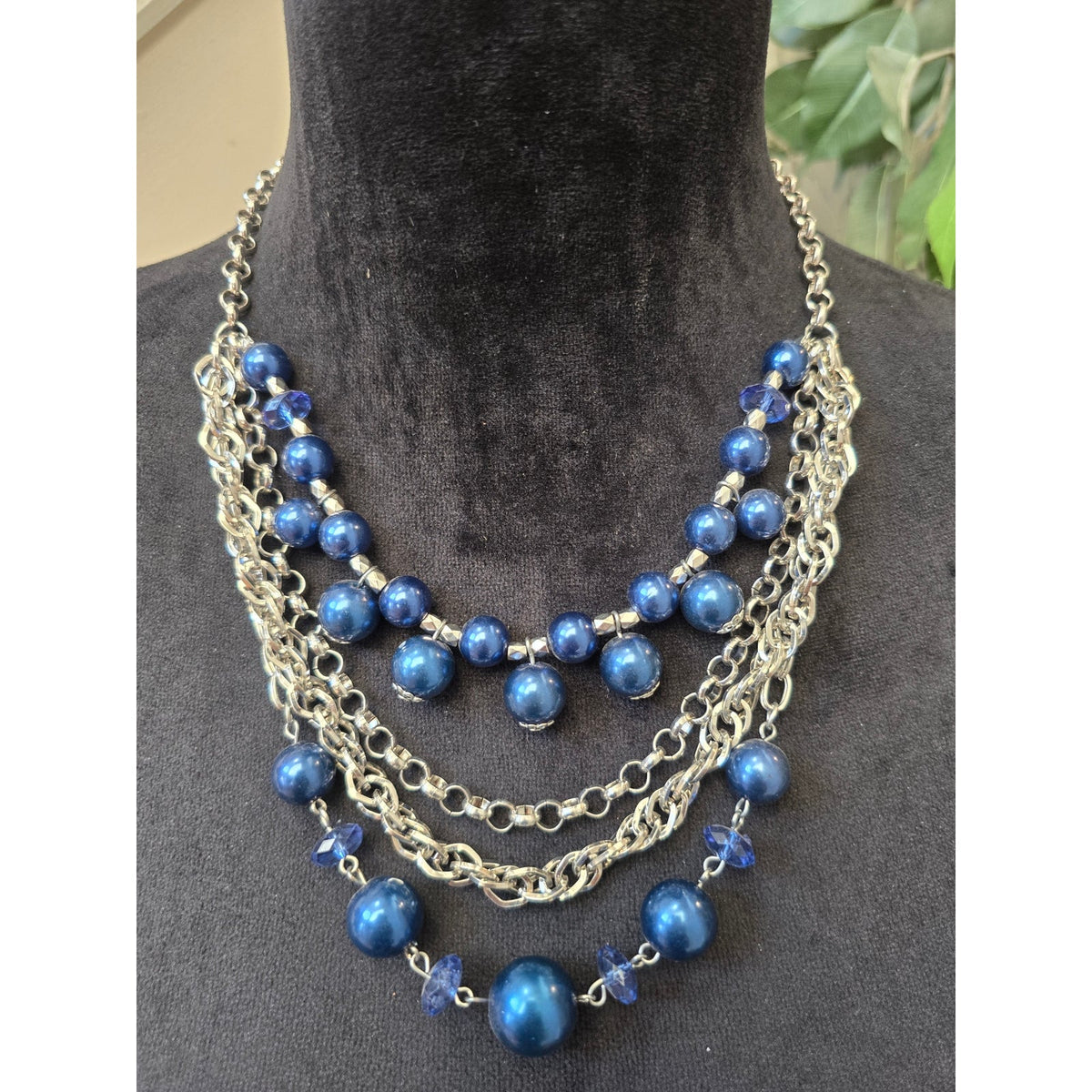 Women's Silver-Tone Multi-Strand Chain Blue Ball Beaded Statement Bib Necklace