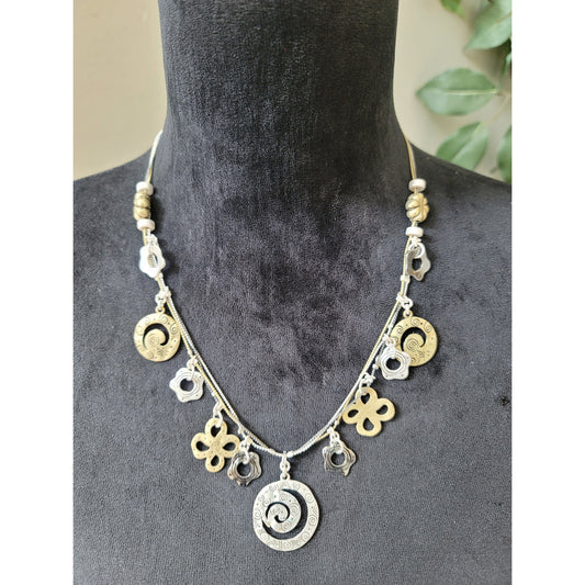 Women's Silver and Gold Charm Necklace with Spiral and Flower Design