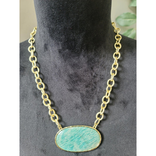 Women's Gold Rope Chain Necklace Green Stone Pendant Lobster Clasp Chunky