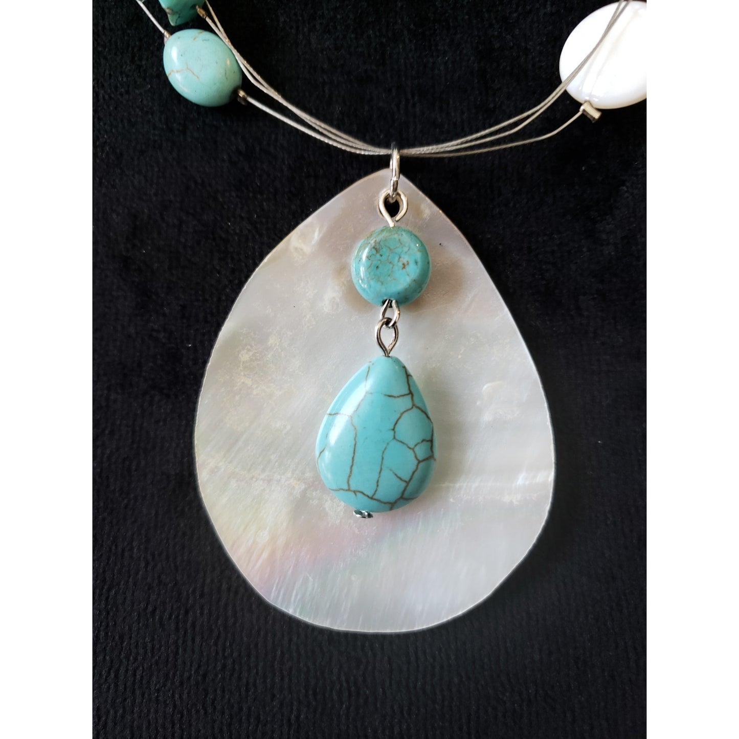Womens 3 Strand Silver Tone Turquoise Blister Pearls Station Pendant Necklace