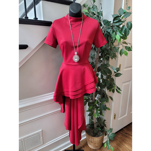 Women's Red Top Women Size S Short Sleeve Mock Neck Asymmetrical Hem Fit and Flare