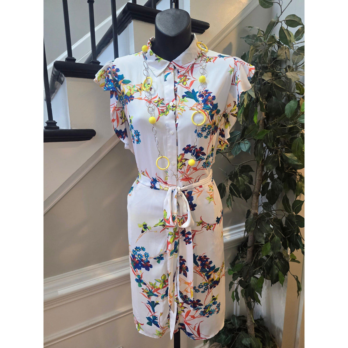 Worthington Shirt Dress Womens 6 White Floral Button Up Waist Tie Flutter Sleeve