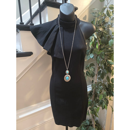 Fashion Nova Mini Dress Women's Chest SZ L Black One Shoulder Ruffle Mock Neck