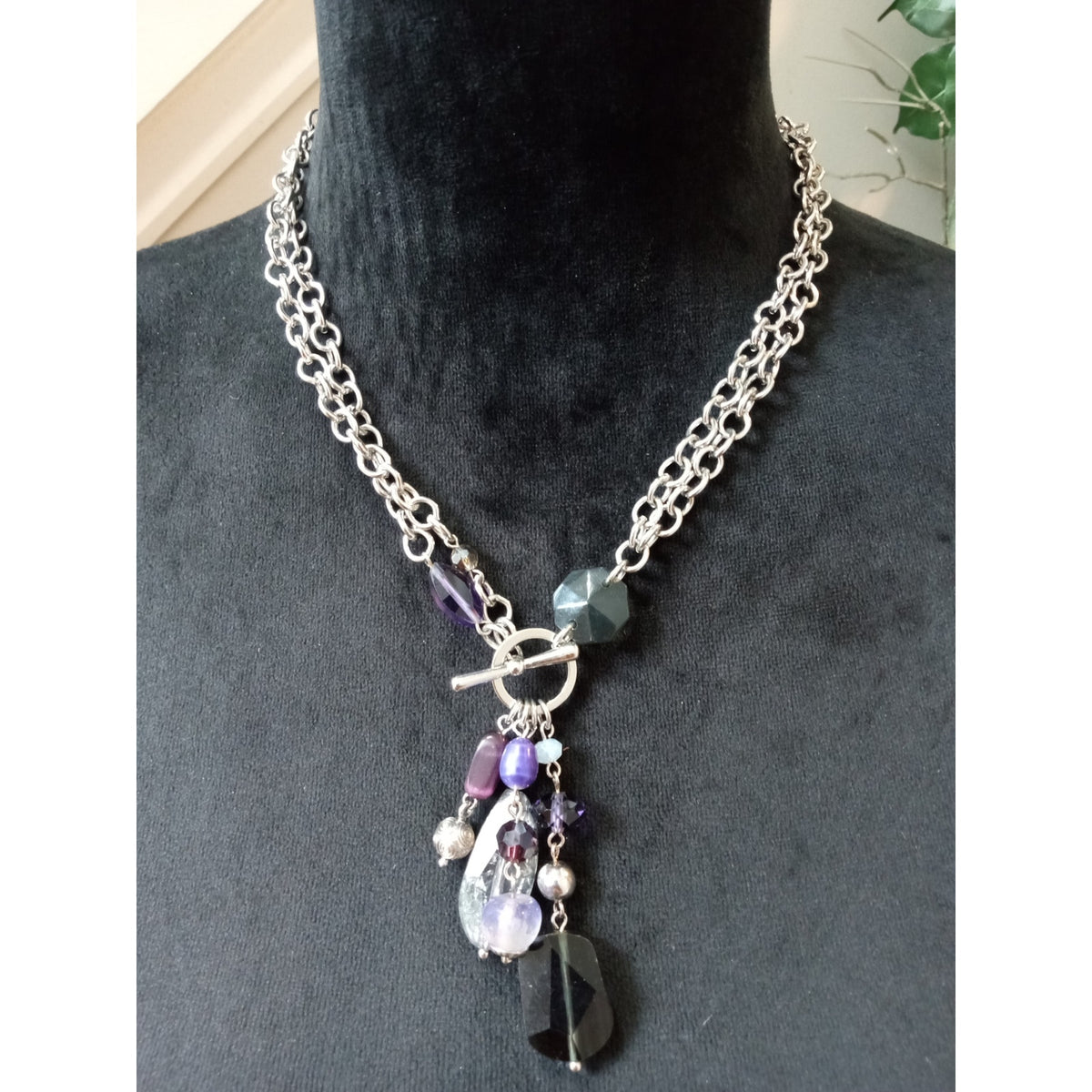 Black Purple Crystal Pendant Necklace Silver Tone Multi Chain Statement Necklace