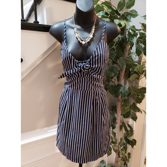 Purple Snow Women Blue & White 100% Cotton V-Neck Sleeveless Knee Length Dress L