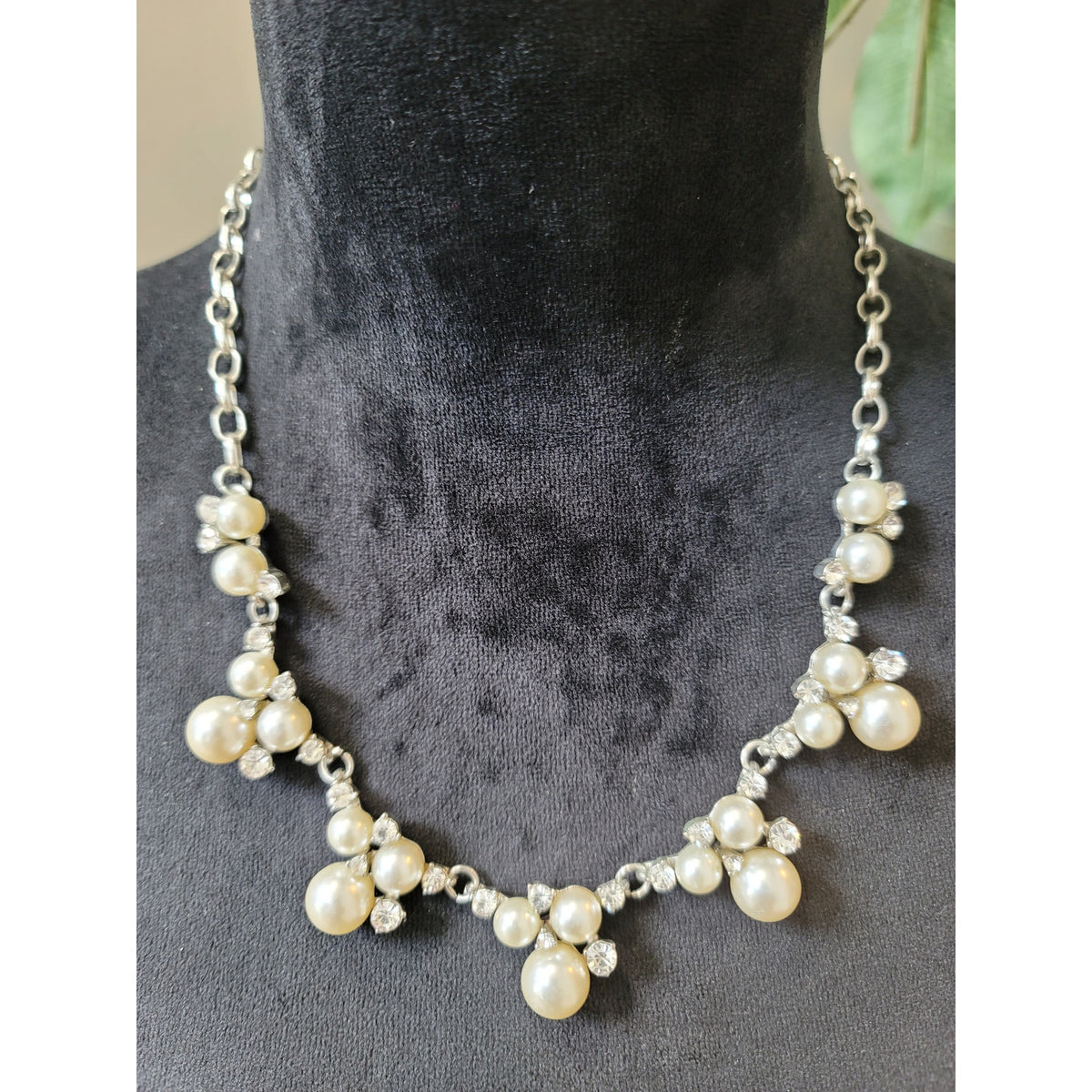 Women Silver Statement Necklace With Pearl And Rhinestone Clusters Lobster Clasp