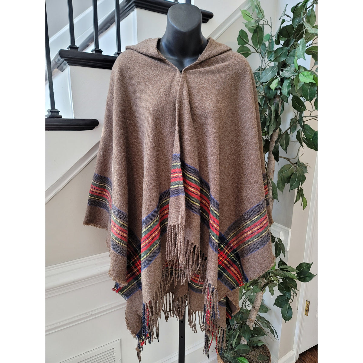 Do Everything in Love Poncho Cape Women's One Size Brown Tartan Plaid Fringe