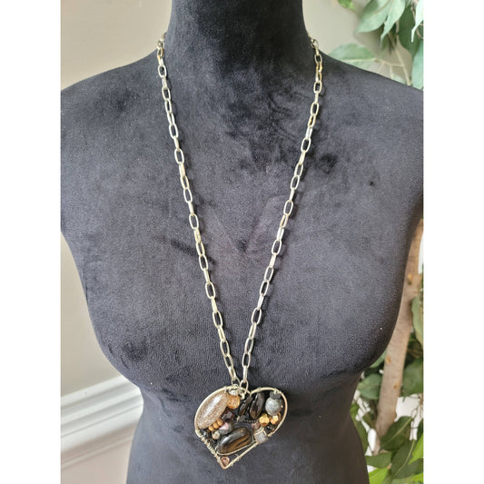 Women's Heart Pendant Necklace Wire Wrapped Beads Link Chain Toggle Clasp
