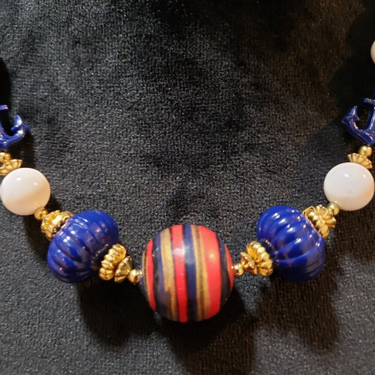 Womens Fashion White Pearl Blue Bead & Anchor Collar Necklace with Barrel Clasp