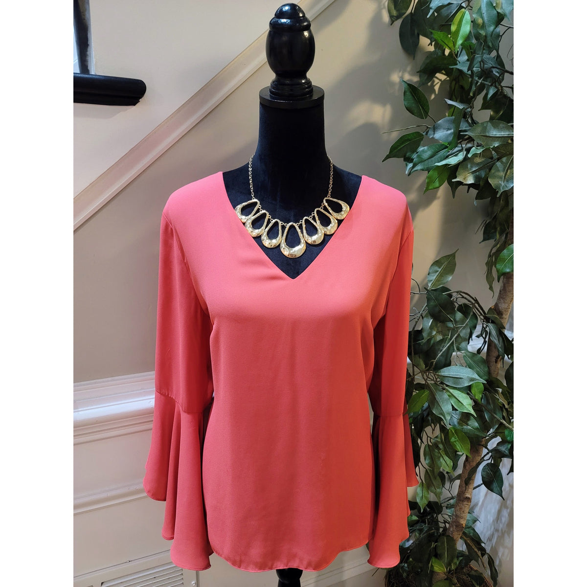 White House Black Market Blouse Women's Coral Orange V-Neck Bell Sleeve XL