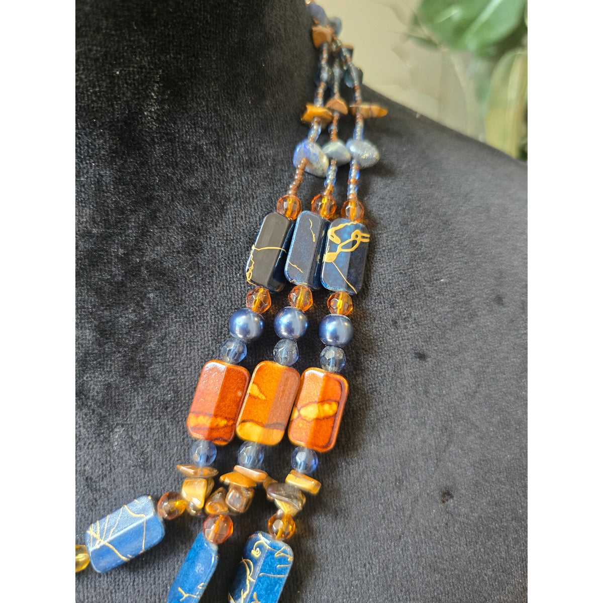 Blue Orange Multi Strand Beaded Statement Necklace