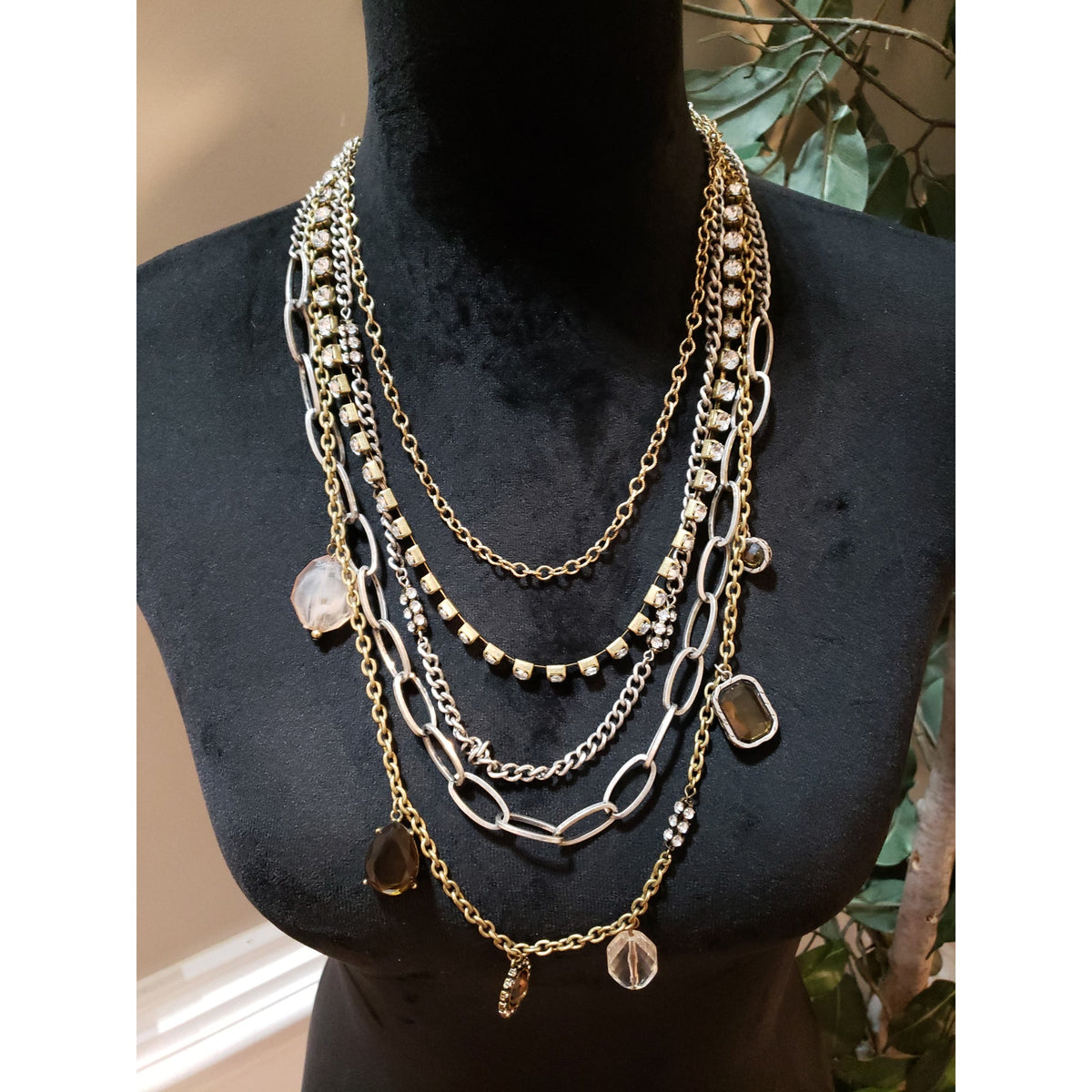 Womens Fashion Layered 2 Tone Multi Chains Crystals Rhinestones Necklace Jewelry