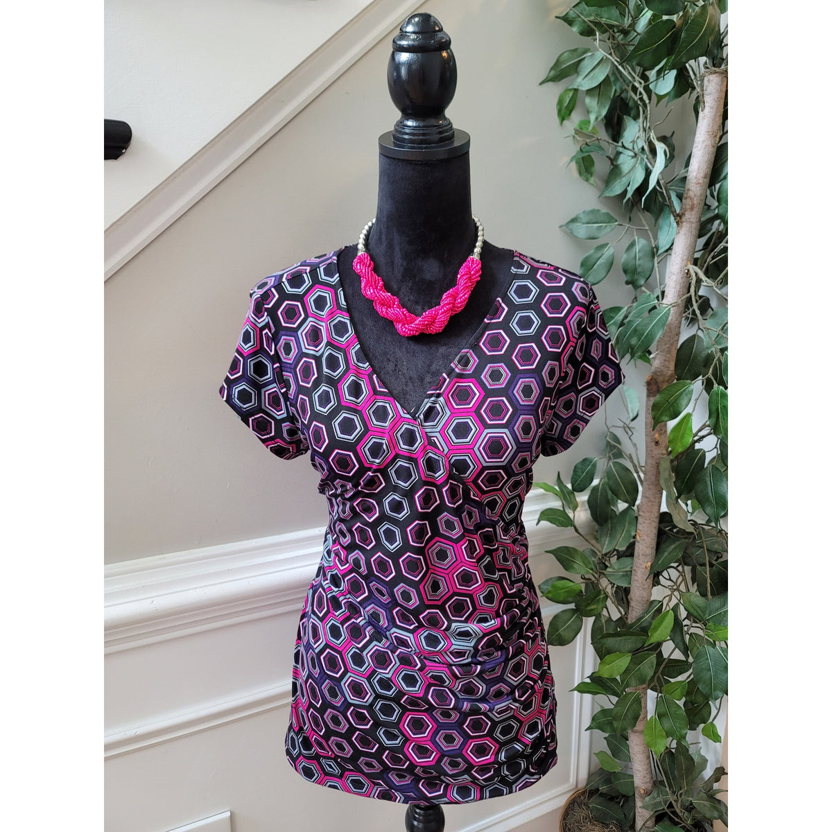 APT 9 Top Women's Size Large Multicolor V-Neck Polyester Short Sleeves