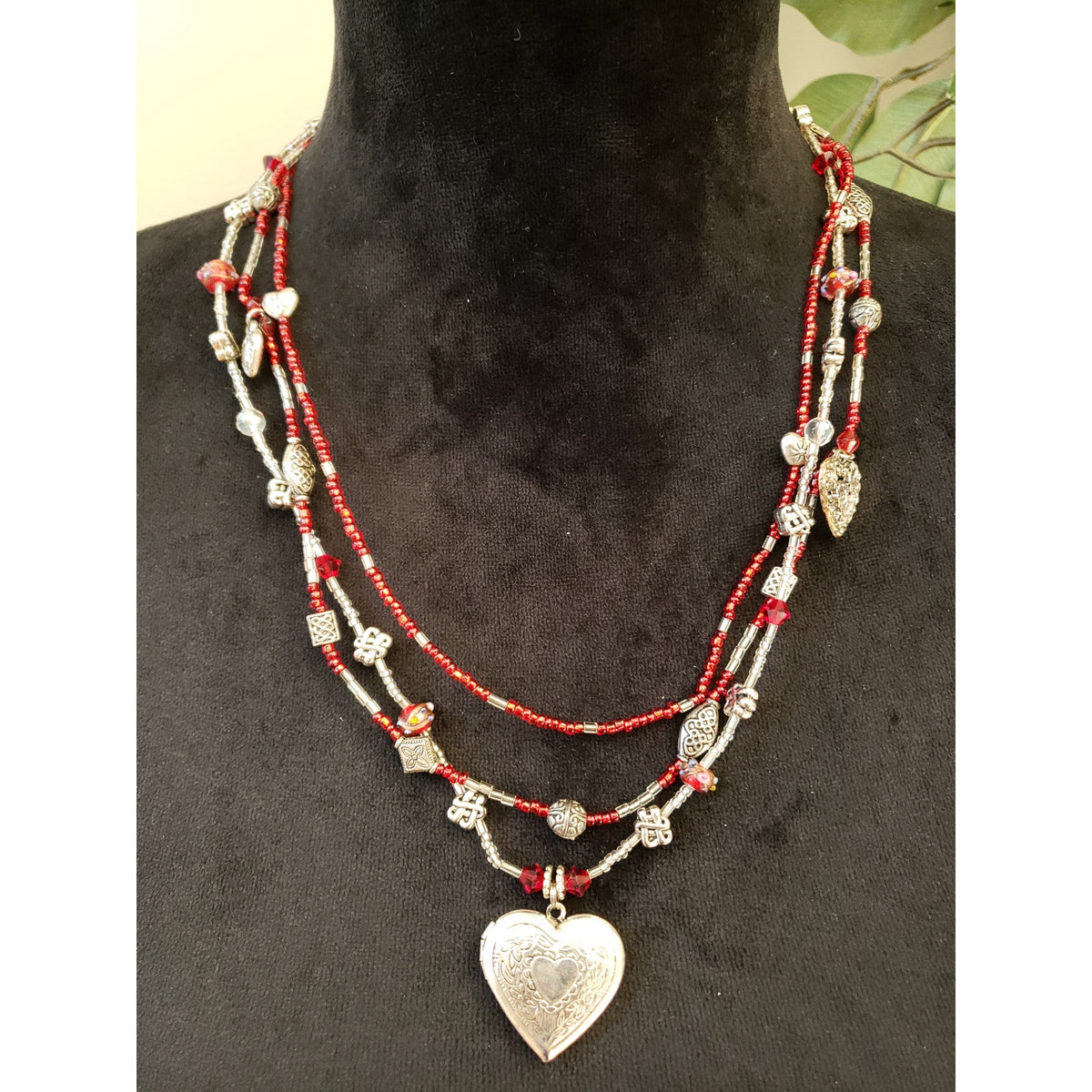 Red & Silver Tone Multi Strand Beaded Necklace Heart Locket Pendant Boho Style