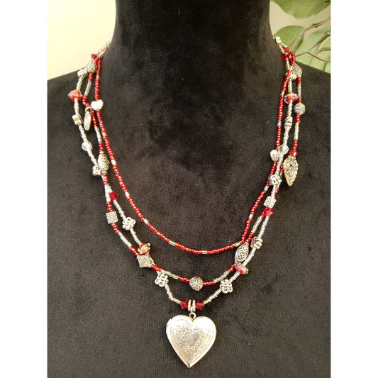 Red & Silver Tone Multi Strand Beaded Necklace Heart Locket Pendant Boho Style