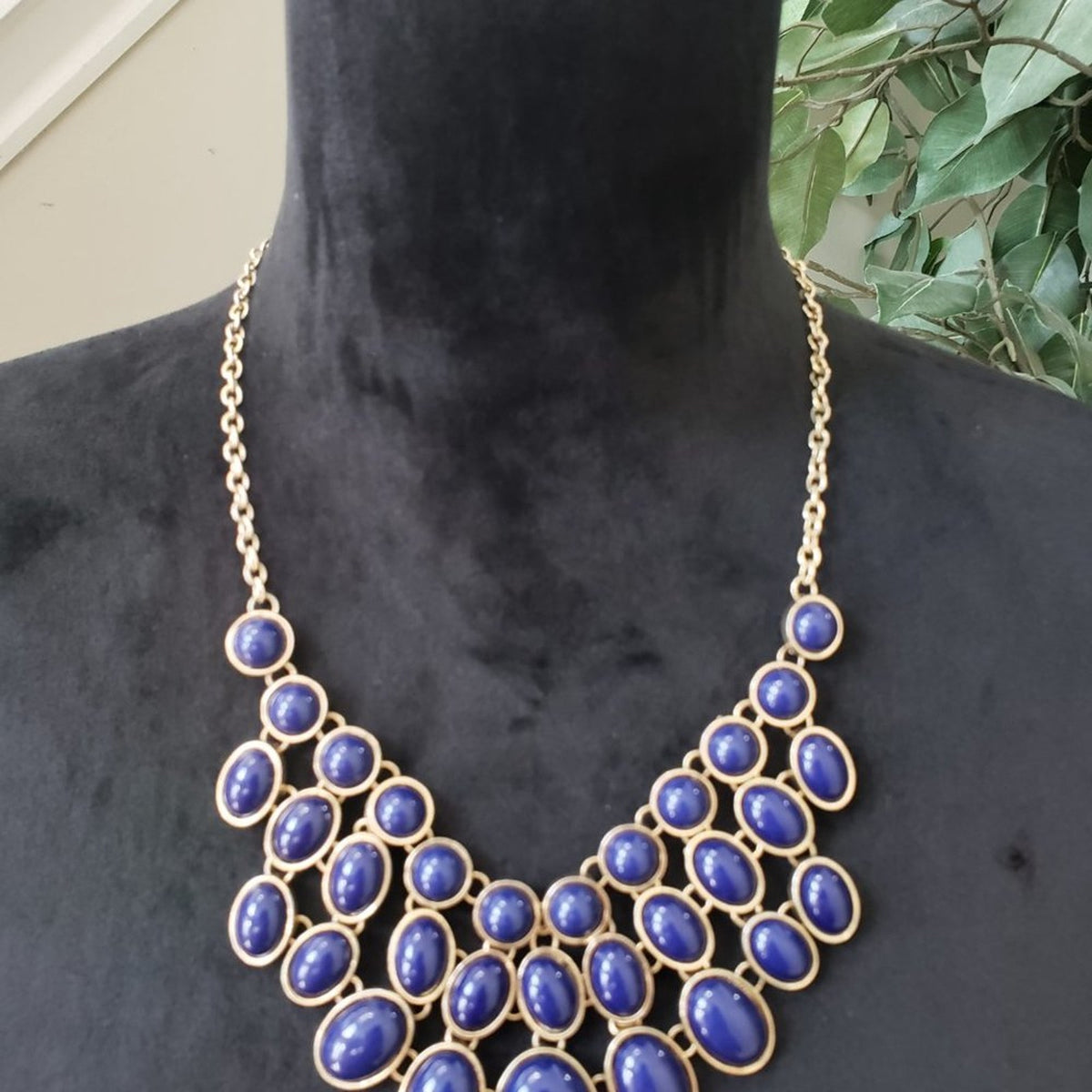 Womens Fashion Blue Rhinestones Beaded Statement Necklace with Lobster Clasp