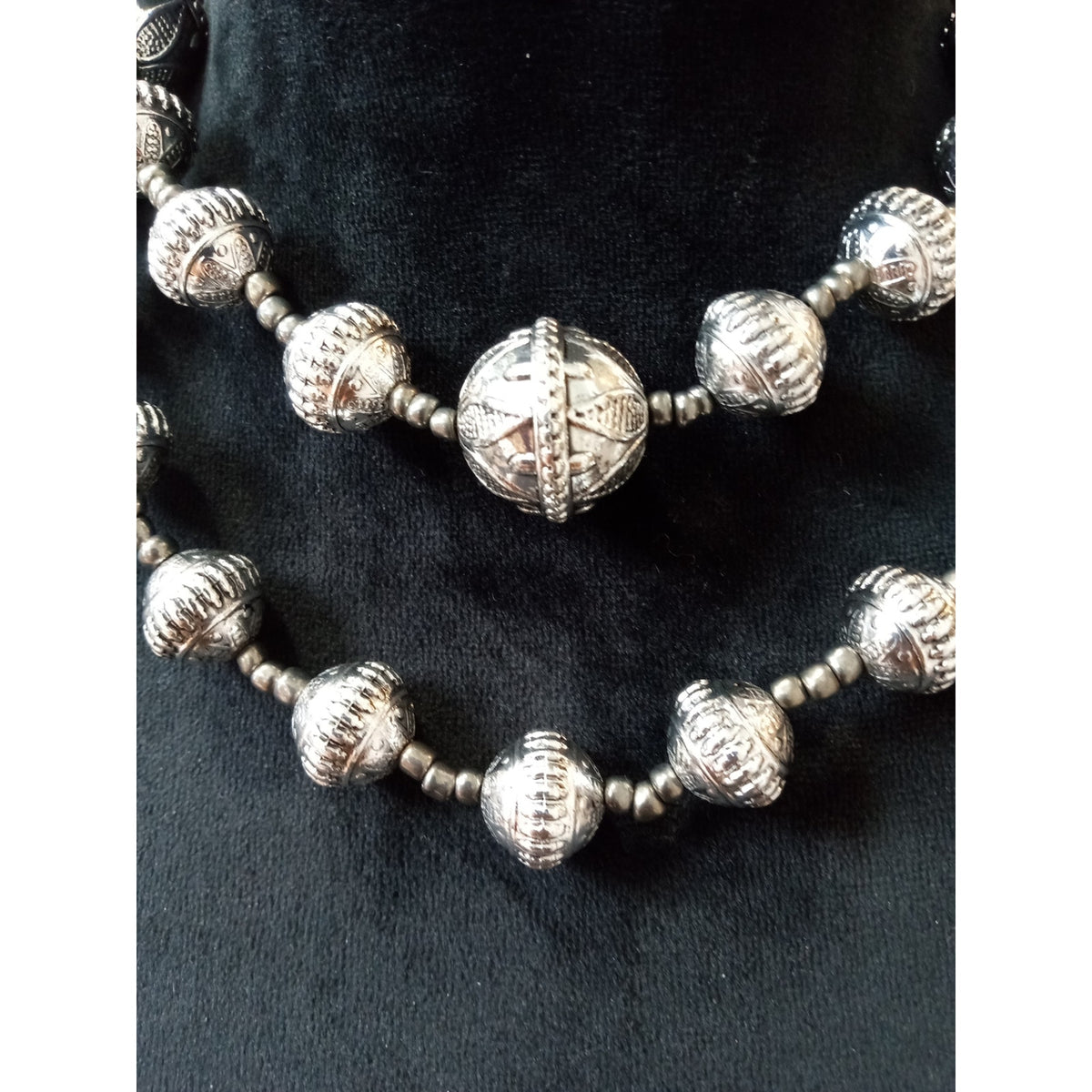 Vintage Silver Tone Ribbed Bead Double Strand Statement Necklaces- Set of Two