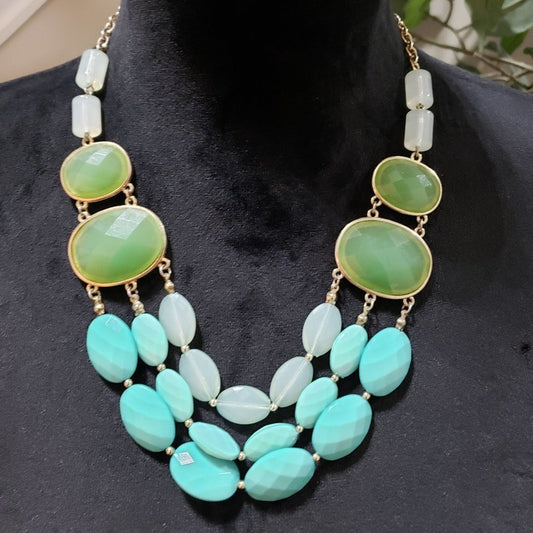 Womens Fashion Green and Blue Stones Statement Collar Necklace w/ Lobster Clasp