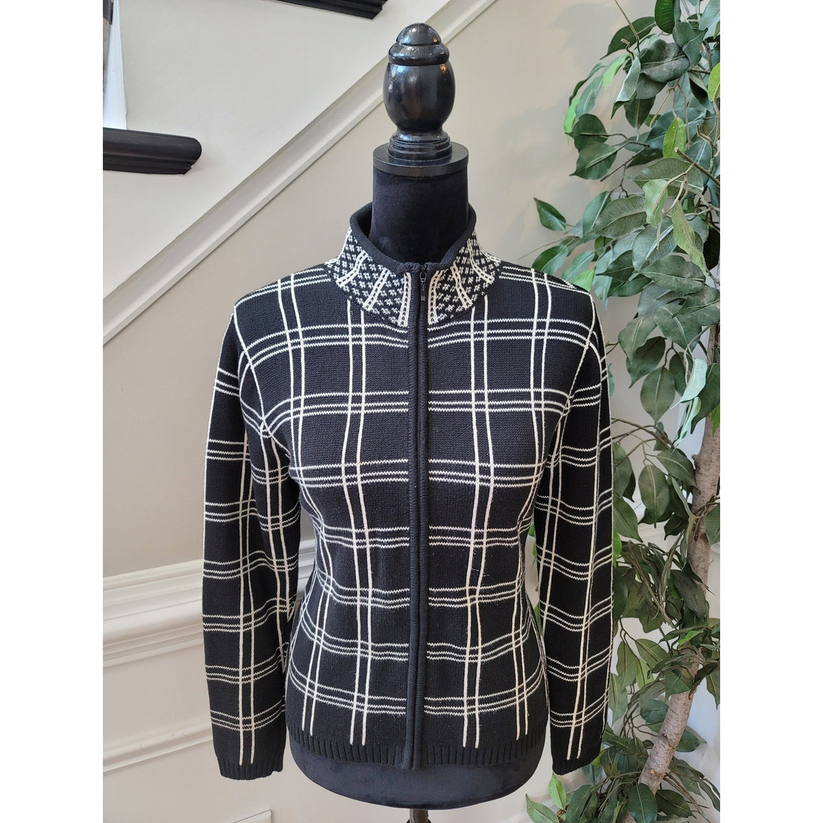 Talbots Cardigan Jacket Women's Small Black Plaid Full Zip Mock Neck Ribbed Hem