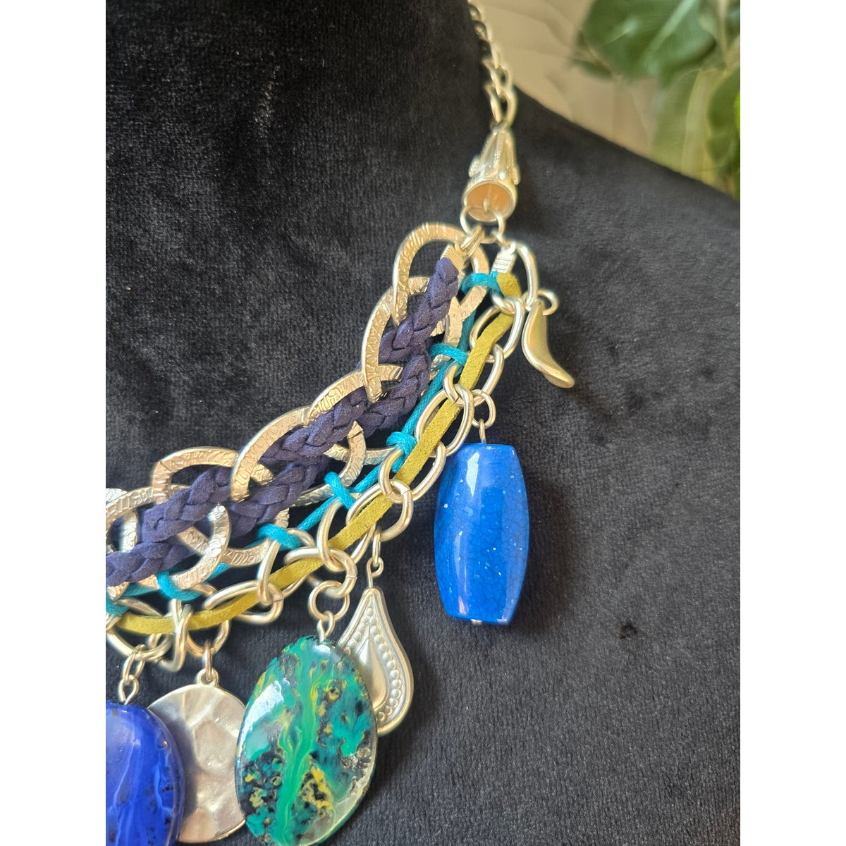 Boho Blue Green Chunky Stone Charm Statement Necklace and Bracelet Set Gold Tone