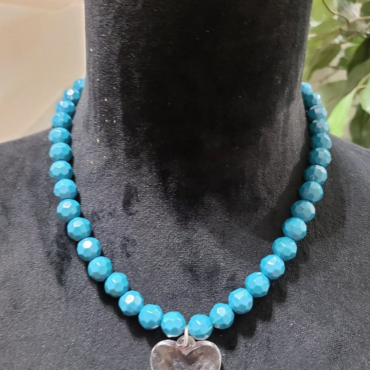 Women's Fashion Blue Turquoise Stone Beaded Big Heart Pendant Necklace