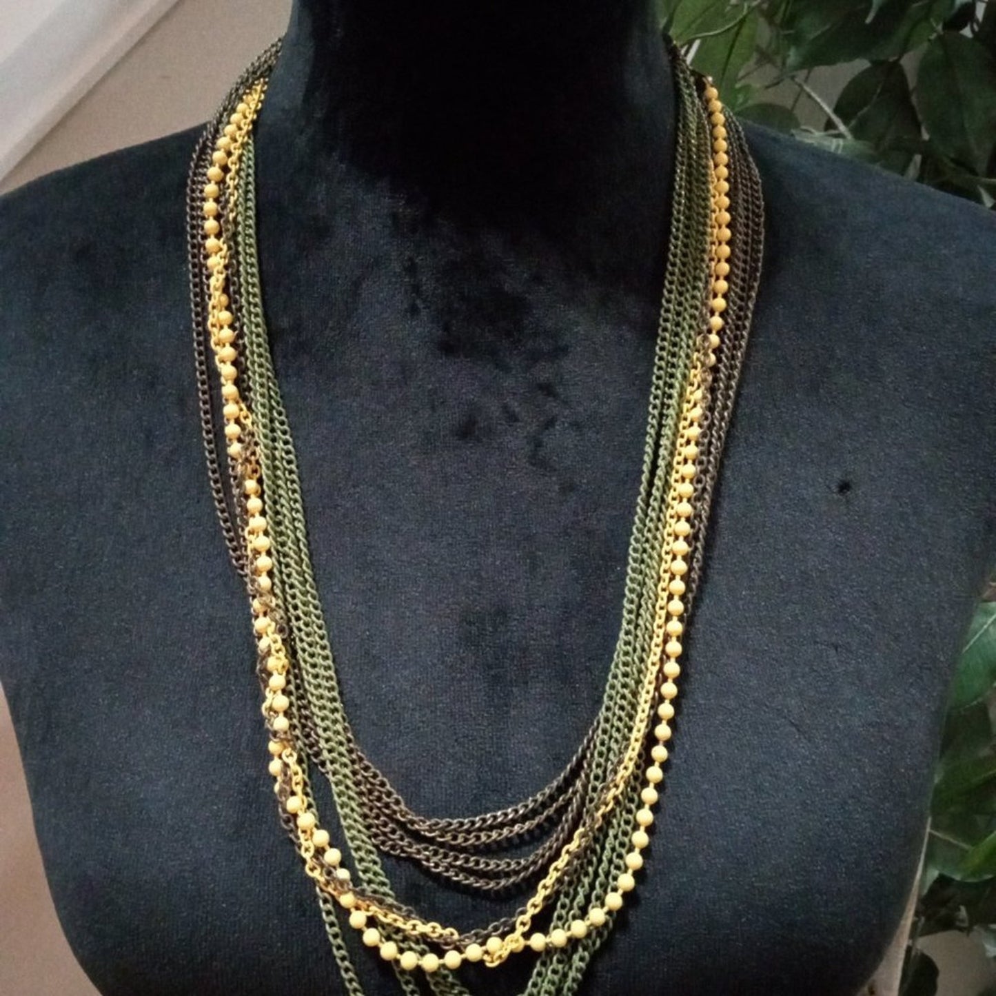 Women's Vintage Monet Multi Strand Yellow & Gold Chain Necklace With Lobster Cla
