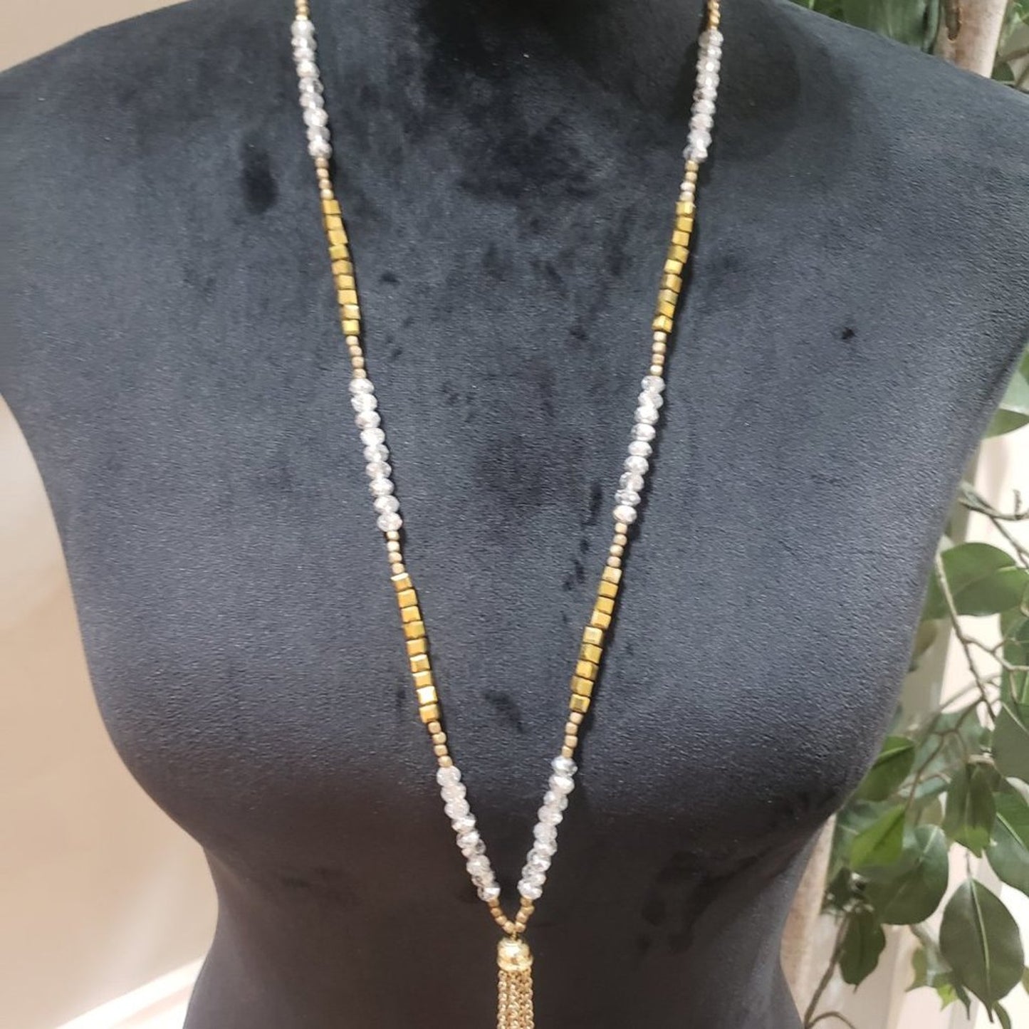 Womens Fashion Gold Tone Beads Clear Crystals Tassel Chain Necklace w/ Lobster
