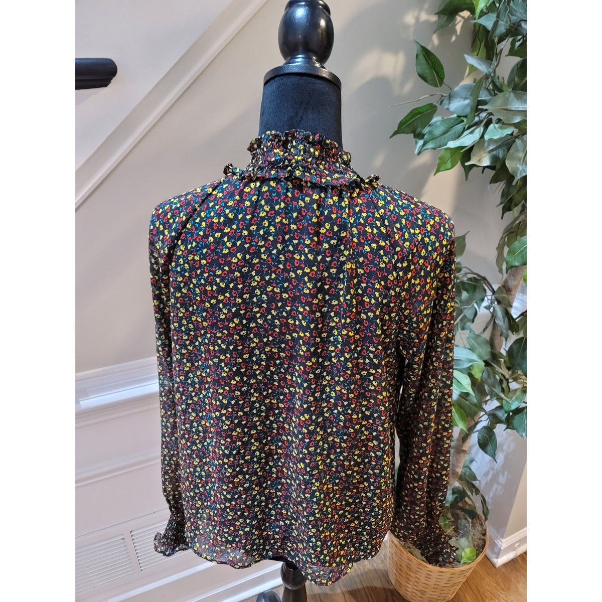 GAP Floral Sheer Top Women's Size X-Small Multicolor Mock Neck Long Sleeves