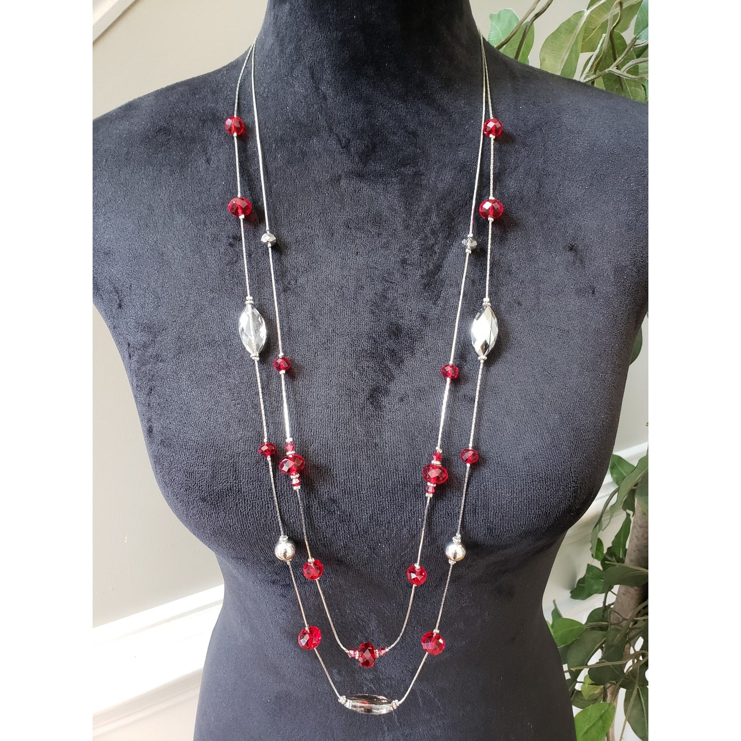 Women's Silver Tone Red Beaded Layered Necklace Long Statement Lobster Clasp