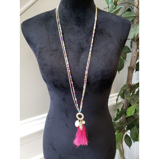 Women's Boho Beaded Tassel Necklace Long Multicolor Gold Chain Layered Jewelry