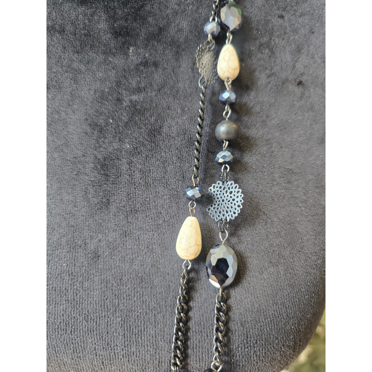Bocar Black Cream Multi Strand Beaded Long Statement Necklace