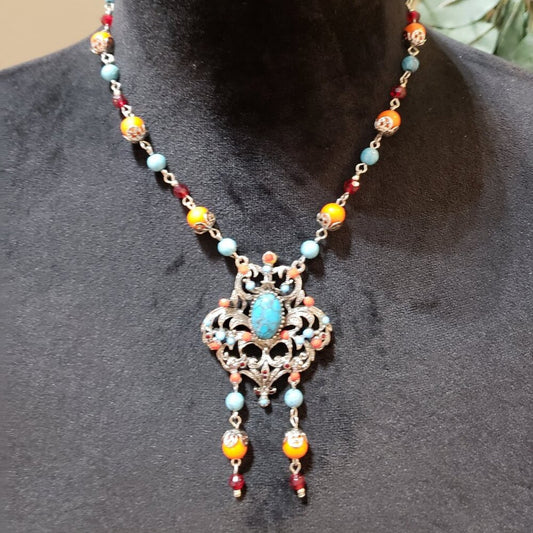 Womens Multicolor Multiple Beaded Turquoise Coral Pendant Necklace with Lobster
