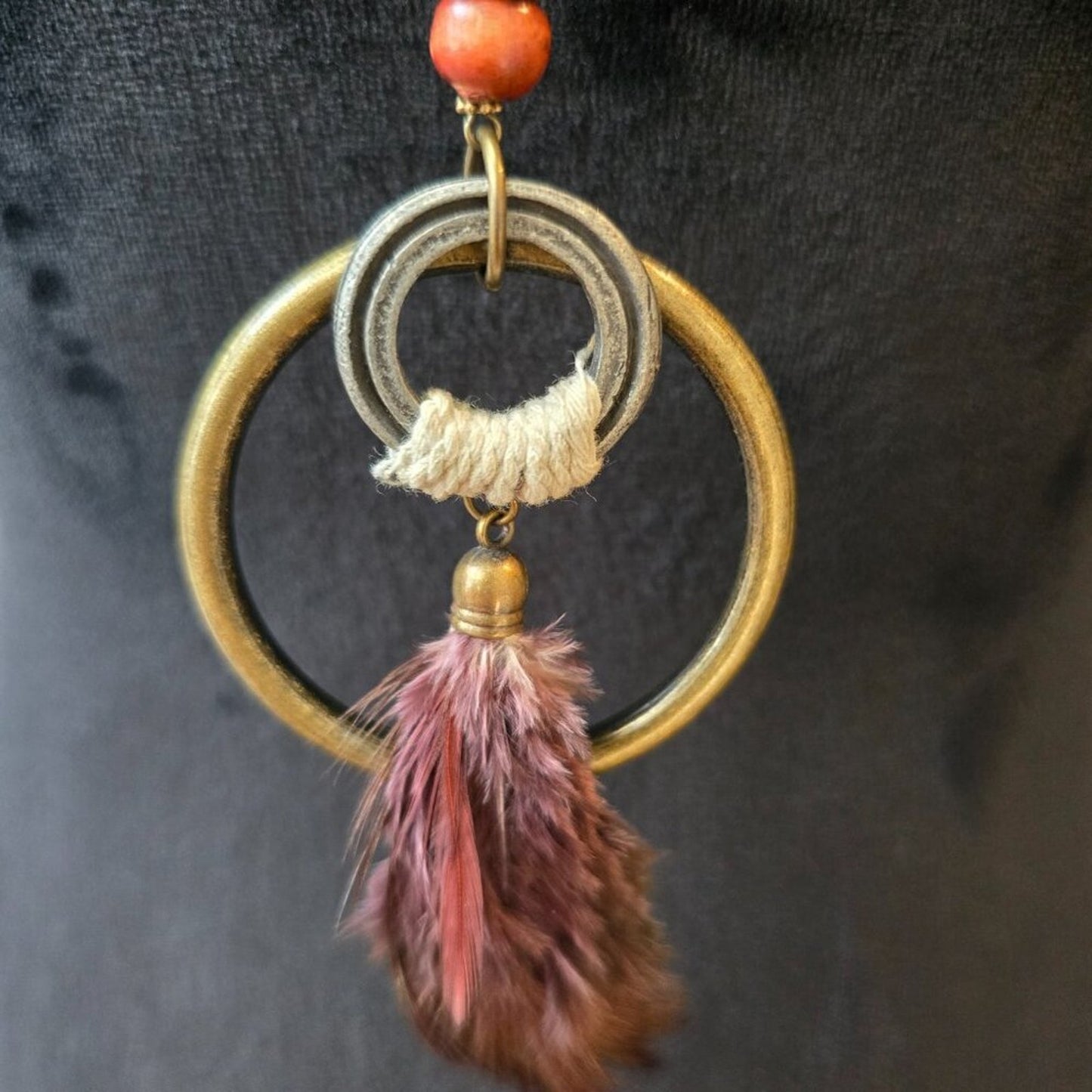 Women Fashion Gold Tone Ring Feathers Tassel Black Braided Rope Necklace Jewelry