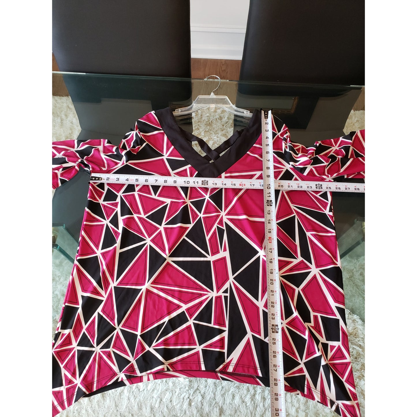 Ashley Stewart Blouse Top Womens 22/24 Pink Geo Print Backless V Neck Pullover