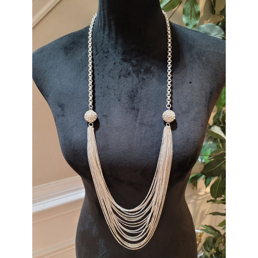 Women's Silver Multi Layer Tassel Chain Necklace With Crystal Beads Lobster Lock