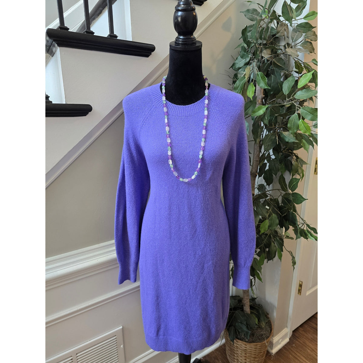 Loft Sweater Dress M Purple Ribbed Knit Crew Raglan Sleeve Pullover Casual Party