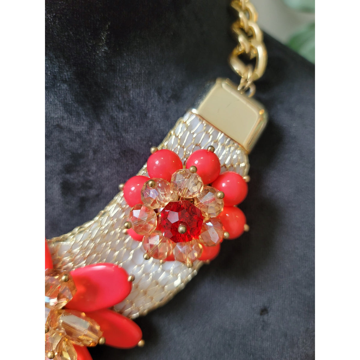 Women's Coral Floral Necklace and Earring Set with Gold Chain and Flower Accents
