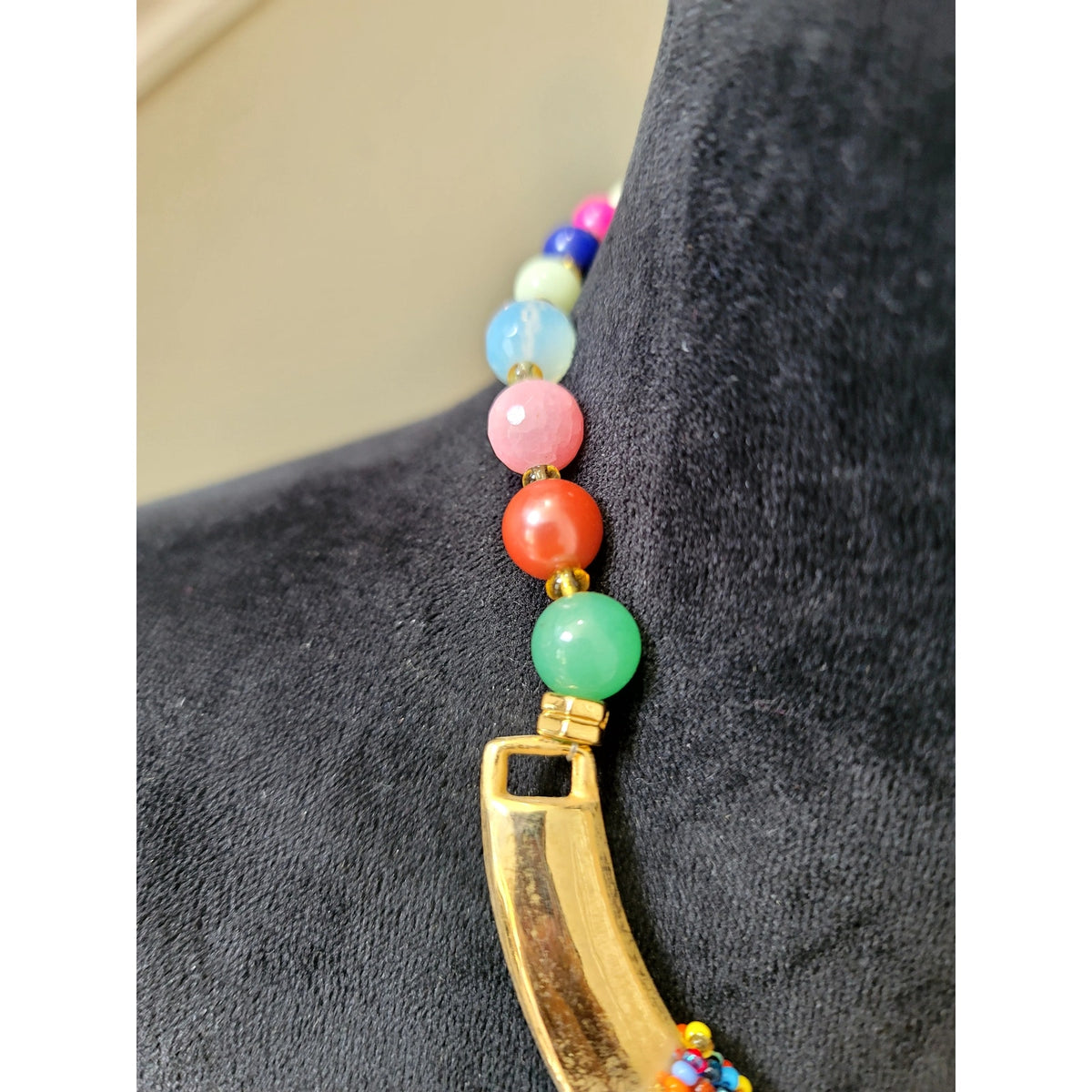 Multicolor Beaded Gold Tone Medallion Pendant Statement Necklace Boho